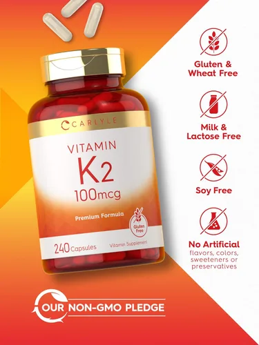 Vista 5 de Suplemento de vitamina K2 Carlyle 100 mcg K2 MK-4 240 cápsulas Sin OGM y sin gluten