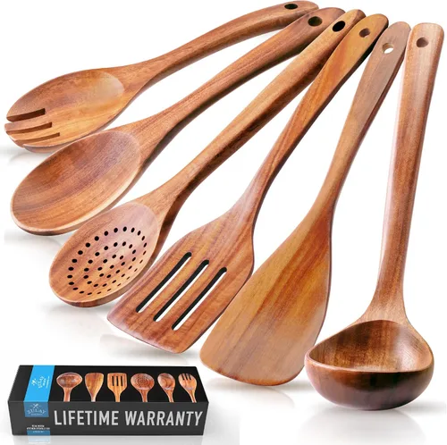 Vista 11 de Zulay Kitchen Juego de 5 cucharas de madera extragrandes - Utensilios de cocina de teca lisa - Cucharón, espátula, espumadera, tenedor, cuchara