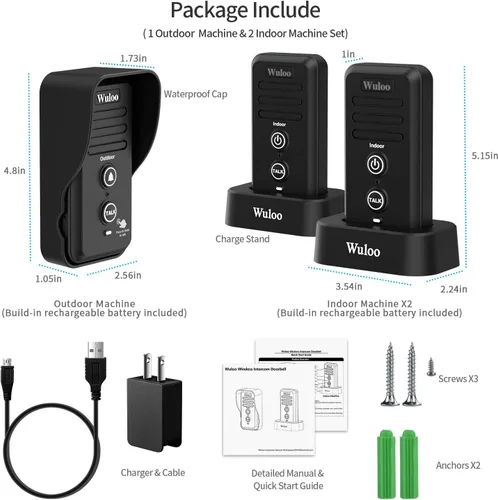 Vista 2 de Wuloo Timbre de intercomunicador inalámbrico para aula en casa, timbre electrónico impermeable con rango de 1/2 milla, 3 niveles de volumen, batería