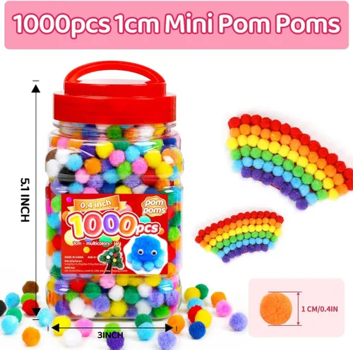 Vista 2 de IOOLEEM Pompones multicolores, 1000 bolas de pompón mullido de 0.39 pulgadas, pequeños pompones para proyectos de manualidades, festivales y Arco