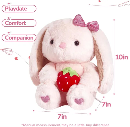 Vista 2 de Conejo de Fresa de Peluche con Orejas Caídas, Animales de Peluche Rosa Esponjosos con Fresa, Juguete Blando para Regalo para Niños, Niñas y Niños