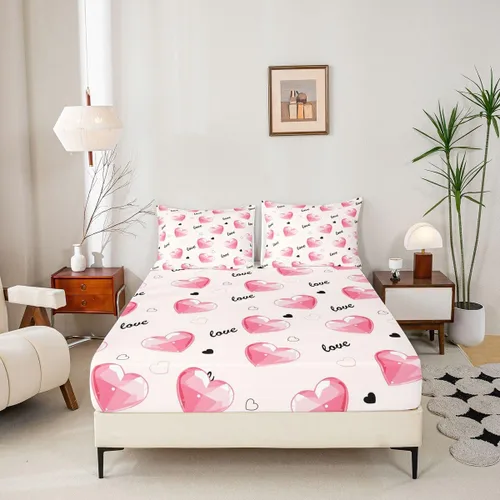 Vista 2 de Juego de sábanas ajustables de corazón rosa tamaño individual para niños y adolescentes, juego de sábanas románticas transpirables para el día