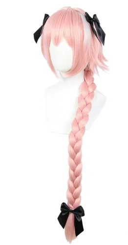 Vista 6 de Peluca larga de cosplay rosa con 3 lazos de Halloween para mujer, cabello trenzado de 37.4in