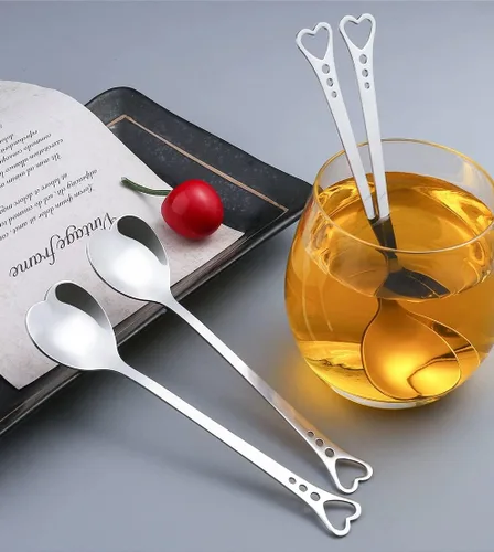 Vista 5 de Juego de 10 cucharas de postre de acero inoxidable en forma de corazón para el hogar, restaurante, cafetería y bar, diseño elegante, uso