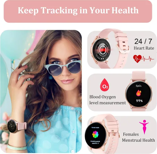 Vista 3 de Reloj inteligente para mujer, rastreador de actividad física con monitor de frecuencia cardíaca y SpO2, IP68 impermeable para hombres y mujeres