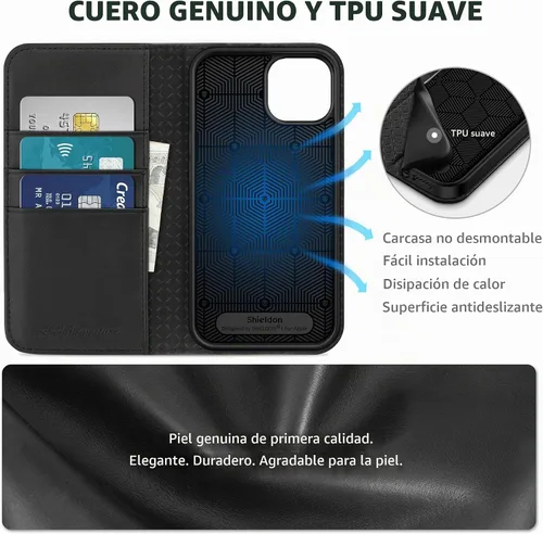 Vista 3 de SHIELDON Funda para iPhone 14 de 6.1", Funda tipo cartera de cuero genuino [Cierre magnético] [Ranuras para tarjetas con bloqueo RFID] [Soporte]