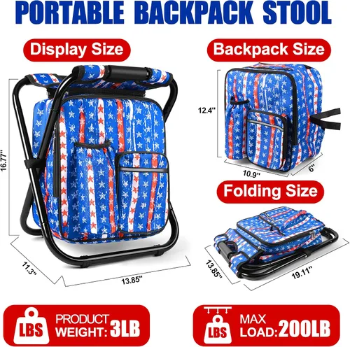 Vista 2 de Kikerike Silla enfriadora de taburetes tipo mochila resistente de 200 libras de carga máxima, portátil, ligera, plegable, para pesca, camping, caza