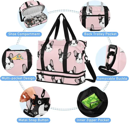 Vista 5 de Bolsa de viaje deportiva de bulldog francés para mujeres y hombres, bolsa de gimnasio con compartimento para zapatos, bolsillo húmedo, bolsas