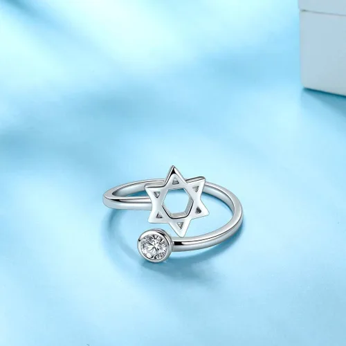 Vista 2 de Jewmon Anillo de plata de ley con estrella de David para mujer – Anillo ajustable Magen David – Amuleto Wicca – Regalos judíos
