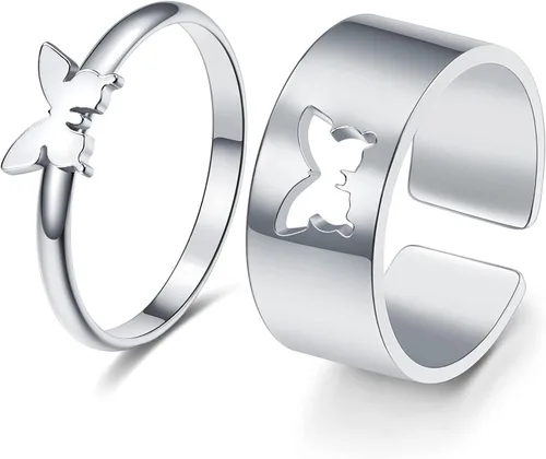 Vista 2 de COLORFUL BLING Juego de anillos apilables de nudillos de mariposa, diseño de dinosaurio, ajustable para él y ella, amistad, mejores amigos, promesa