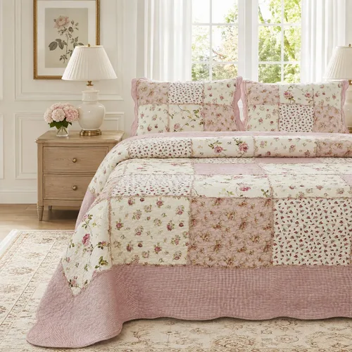 Vista 11 de Brandream - Juego de edredones de tamaño Queen, patchwork de algodón, edredón acolchado con estampado floral campestre verde, juego de colchas