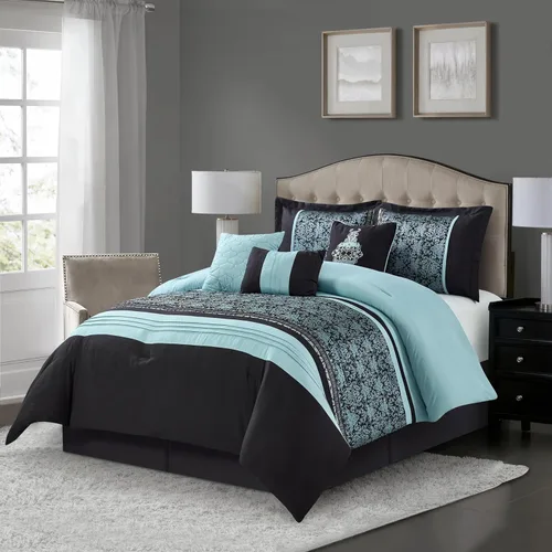 Vista 10 de Juego de edredón damasquino plateado/marfil de California con diseño de patchwork, 8 piezas, juego de ropa de cama premium de jacquard para todas
