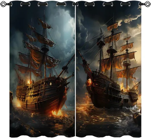 Vista 13 de Cortinas opacas de pulpo náutico para niñas y niños, decoración del hogar, con ojales de animales piratas del océano Kraken, cortinas