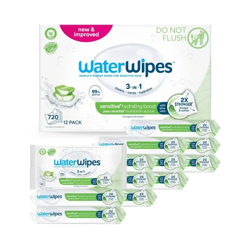 Vista 16 de WaterWipes Toallitas Sensibles+ Impulso Hidratante, 3-En-1 Limpia, Cuida, Hidrata, 99% de Agua con Aloe Vera, Toallitas para Bebé Sin Perfume