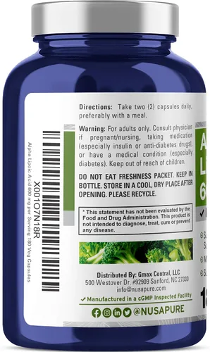 Vista 3 de NusaPure Ácido alfa lipoico 600 mg por porción, 180 cápsulas vegetales (vegetariano, sin OMG y sin gluten), 300 mg por cápsula