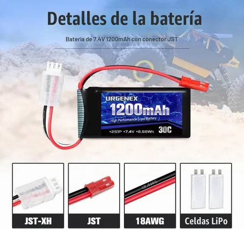 Vista 3 de Batería Lipo de 7.4 V con enchufe JST 2S 30C (60 C) batería de litio recargable de 1200 mAh compatible con UDIRC Cheewing y la mayoría de coches RC