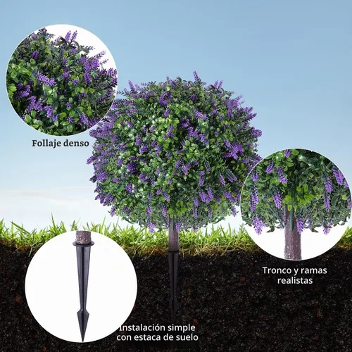 Vista 6 de Paquete de 2 urnas artificiales, arbustos topiarios artificiales de lavanda, plantas de hoja perenne resistentes a los rayos UV, decoración