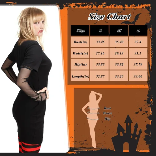 Vista 3 de Suhine Disfraz de vampiro de Halloween para mujer, leggings negros y rojos, vestido negro, colmillos de vampiro, guante para fiesta de cosplay