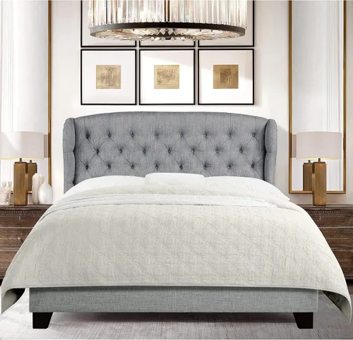 Vista 11 de Rosevera Josie Wingback - Base de cama con cabecera capitoné de altura ajustable, marco de cama tapizado de tela, soporte de listones de madera Gris