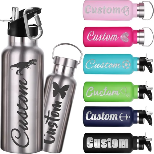 Vista 10 de Botellas de agua personalizadas de 12 onzas, botella de agua de acero inoxidable personalizada con tapa con pajilla, botellas de doble pared