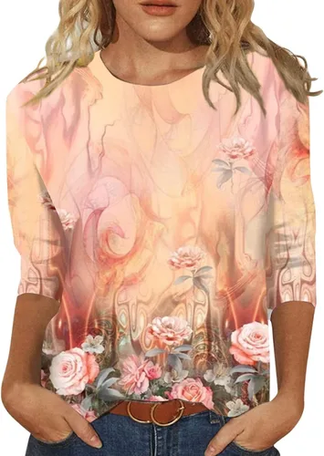 Vista 70 de Camisetas personalizadas para mujer, a la moda, casual, de séptima manga, estampada, cuello redondo, camiseta