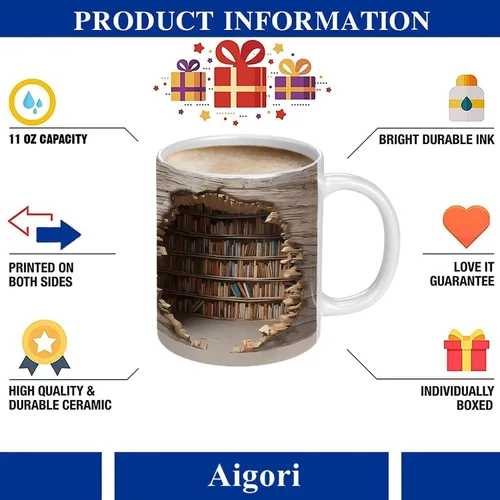Vista 6 de Taza de café con diseño de biblioteca para amantes de los libros, regalos geniales para lectores, taza de cerámica única, apta para lavavajillas