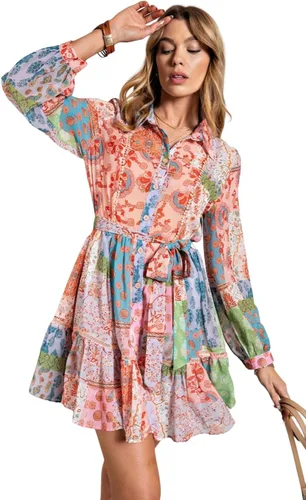 Vista 3 de Vestido camisero de manga larga con estampado de flores multicolor