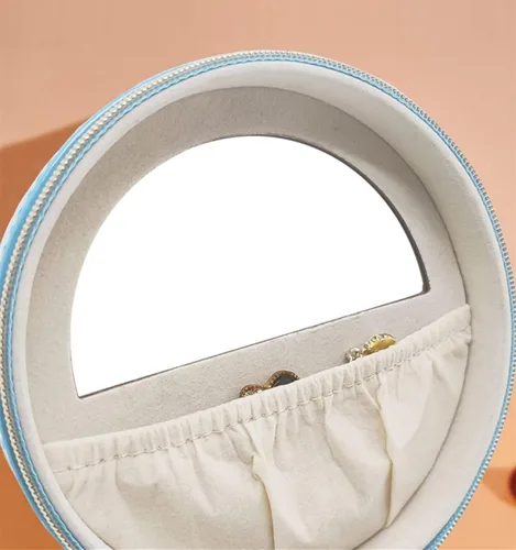 Vista 7 de KIQIONE Mini joyería organizador de almacenamiento de joyas de piel sintética con espejo con cremallera interior caja de joyería redonda pequeña