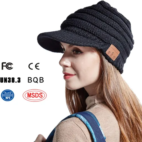 Vista 4 de Boina de invierno para mujer, con Bluetooth, gorro de algodón cálido para pintor, con visera de ganchillo, Negro
