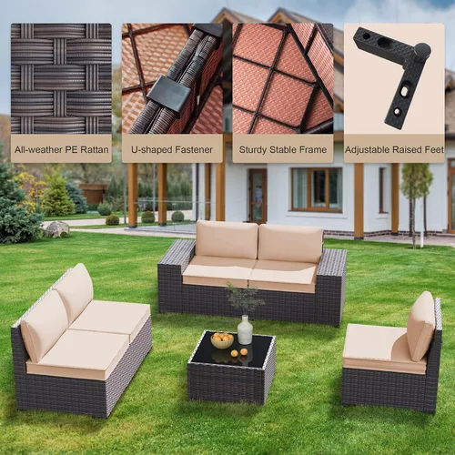 Vista 4 de Juego de muebles de patio al aire libre, 7 piezas, sofá seccional de mimbre con cojines y mesa de té, sofá de conversación de ratán para patio Beige