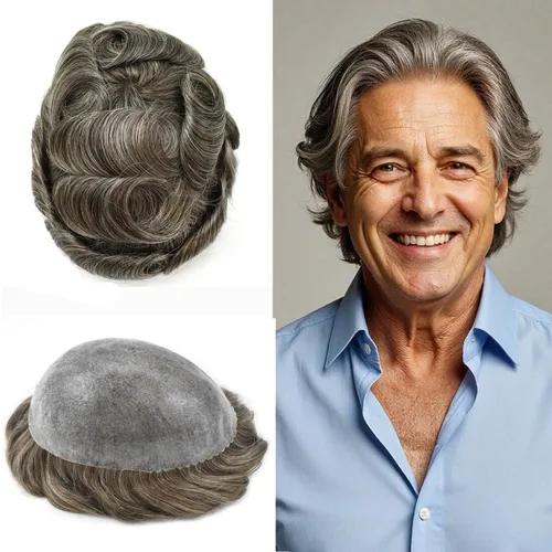 Vista 467 de Toupee para hombre 100% cabello humano real tupé para hombres 0.004 in piel de poliuretano para hombre, sistema de reemplazo de piezas de pelo
