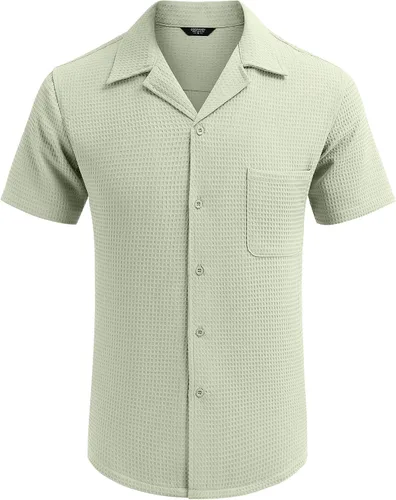 Vista 2 de COOFANDY Camisa de manga corta con botones para hombre, ajuste holgado, estilo cubano, para playa