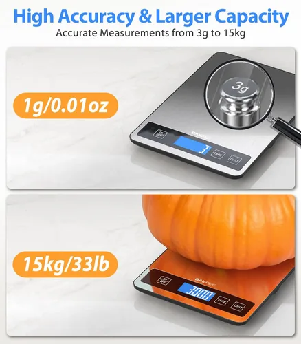 Vista 3 de Báscula de alimentos – Báscula digital de cocina de 33.1 lbs/33 libras con pantalla LCD de visión completa, gramos y onzas, acero inoxidable fácil