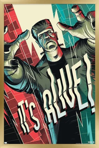 Vista 18 de Frankenstein - Póster de pared It's Alive by César Moreno, 22.4 pulgadas de largo x 14.7 pulgadas de ancho, versión enmarcada en madera de granero