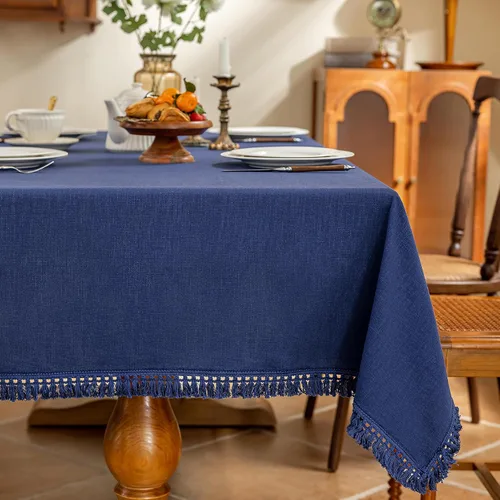 Vista 11 de AmHoo - Mantel de lino con borlas y bordado rectangular decorativo para mesa natural para cocina, comedor, buffet de boda, 55 x 55 pulgadas, negro