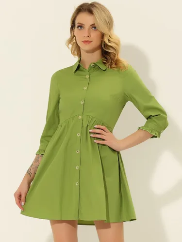 Vista 3 de Allegra K Vestido camisero casual de negocios para mujer, manga 34, con botones, para el trabajo, verano, mini vestidos