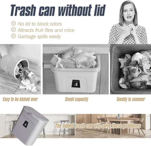 Vista 6 de Domiella Cubo de basura colgante de 2.4 galones con tapa, cubo de basura de cocina para encimera o debajo del fregadero, contenedor de basura Gris