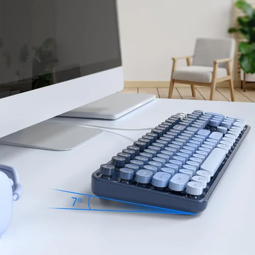 Vista 8 de MOFII Teclados de computadora con cable, teclado USB de tamaño completo Plug Play, bonito teclado estético colorido con soportes plegables