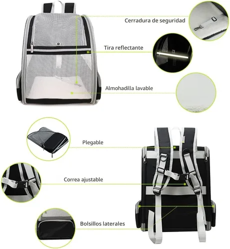 Vista 4 de Texsens - Mochila para transporte de mascotas, con un innovador sistema de burbuja, ideal como transportín para gatos y perros (negro)