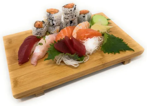 Vista 4 de Juego de 2 platos Geta de bambú para sashimi, vajilla de estilo japonés, bandeja de corte de bambú (8.2 pulgadas de largo x 4.7 pulgadas de ancho)
