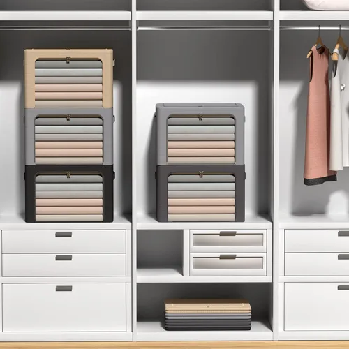 Vista 7 de Paquete de 3 cajas de almacenamiento con marco, bolsas de almacenamiento de ropa, tela Oxford, plegable, apilable, juego organizador con ventana
