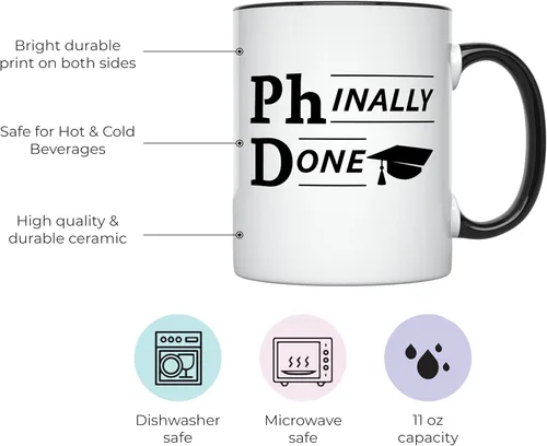 Vista 2 de YouNique Designs Phinally Done - Taza de graduación de doctorado de 11 onzas, divertida taza de doctorado, graduación de doctorado (mango negro)
