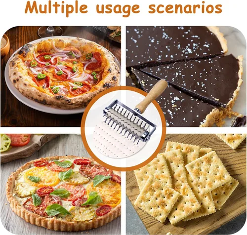 Vista 3 de Docker de pizza de acero inoxidable, Docker de masa de pizza con mango de madera, rodillo de pizza con púas, Docker de rodillo, perforador