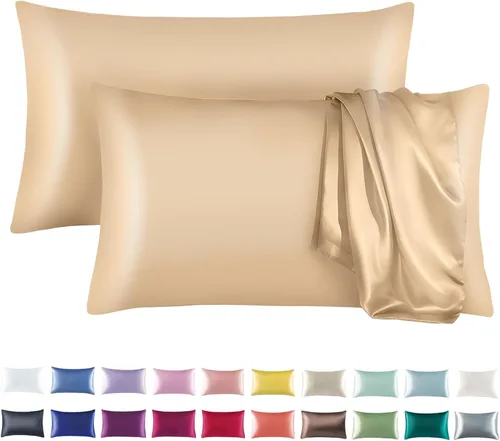 Vista 18 de Tyfitb Juego de 2 fundas de almohada de satén para cabello y piel, color azul bebé, fundas de almohada de enfriamiento tamaño estándar