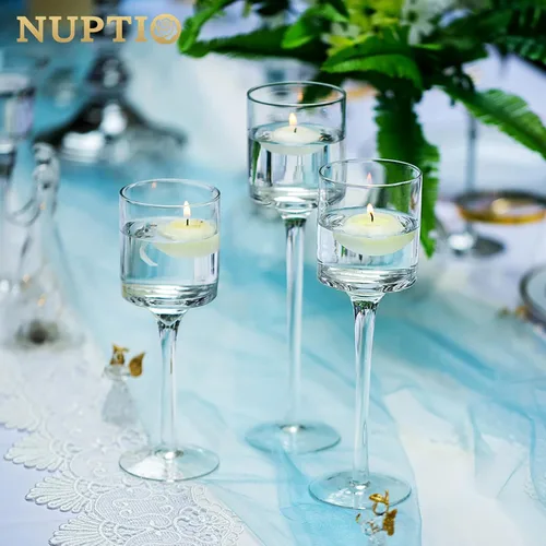 Vista 7 de NUPTIO Portavelas de cristal Tealight: juego de 3 candelabros de tallo largo para centro de mesa de cena, velas flotantes Monet Clear Glass Cups
