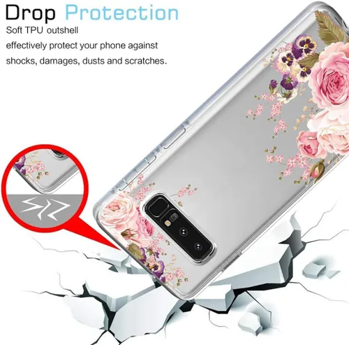 Vista 6 de Funda para Samsung Galaxy Note 8, flor de rosa transparente, parachoques flexible TPU cubierta de silicona de goma suave, protección a prueba