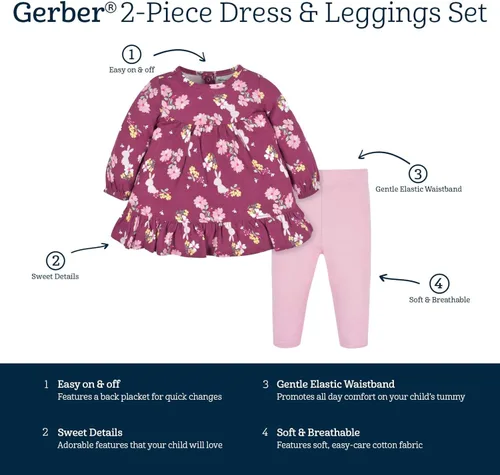 Vista 5 de Gerber Conjunto de 2 piezas de vestido y leggings de manga larga para bebés y niñas pequeñas
