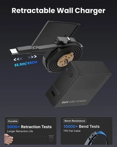 Vista 4 de Cargador de pared USB C de 40 W con cable retráctil integrado, bloque de carga rápida plegable 2 en 1, artículos esenciales de viaje compatible