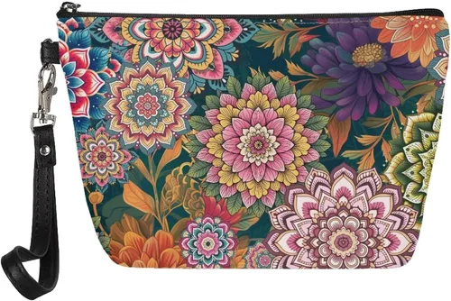 Vista 34 de Howilath Abstract Art Cat Cosmetic Pouch for Women PU Leather Toiletry Storage Bag Trapezoid Makeup Bags with Wrist Strap