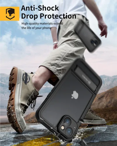 Vista 5 de Lanhiem Funda para iPhone 14 con soporte, IP68 impermeable a prueba de polvo con protector de pantalla integrado, cuerpo completo, a prueba